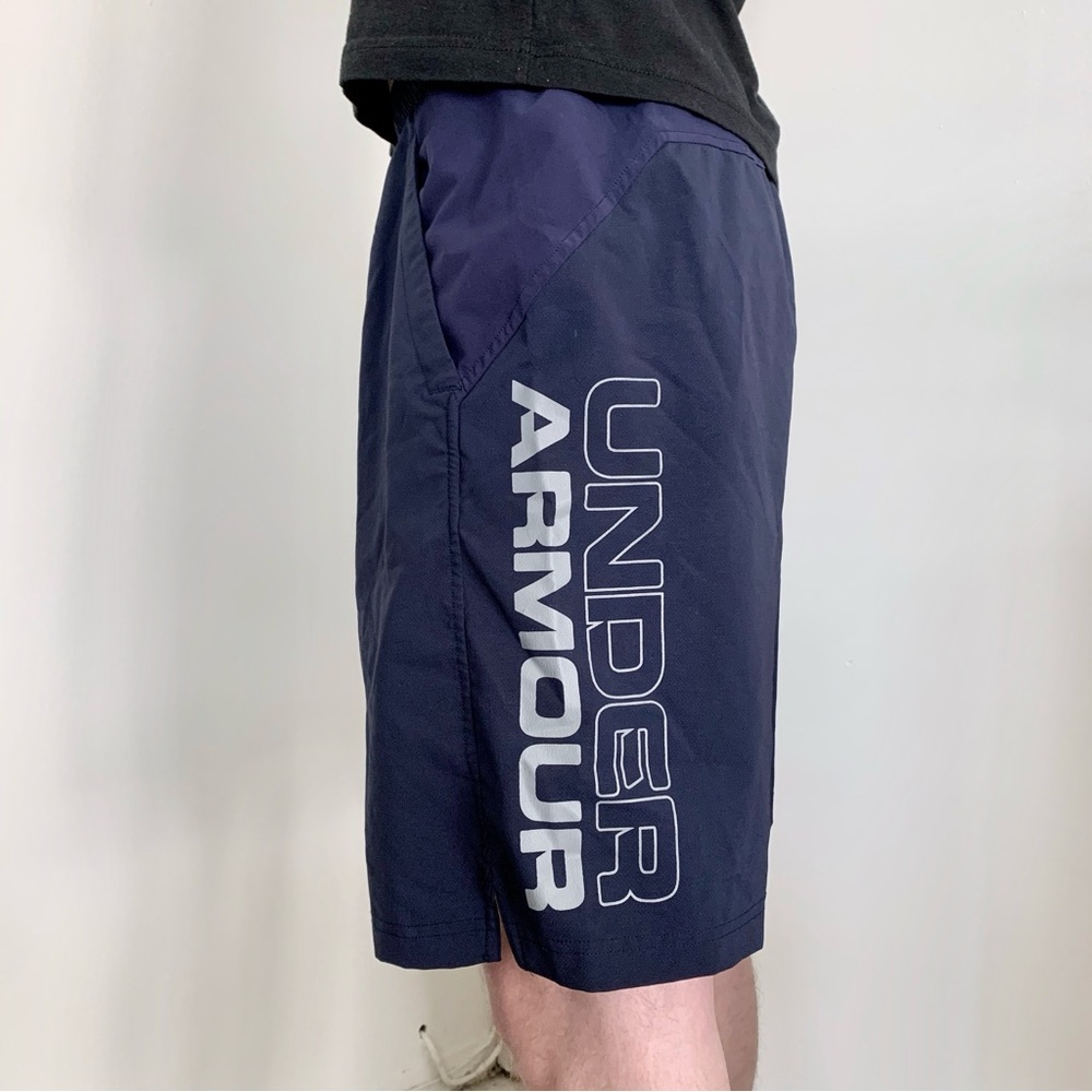 Under Armour Navy Blue Shorts Long Athletic Workout Drawstring Gym Weightlifting